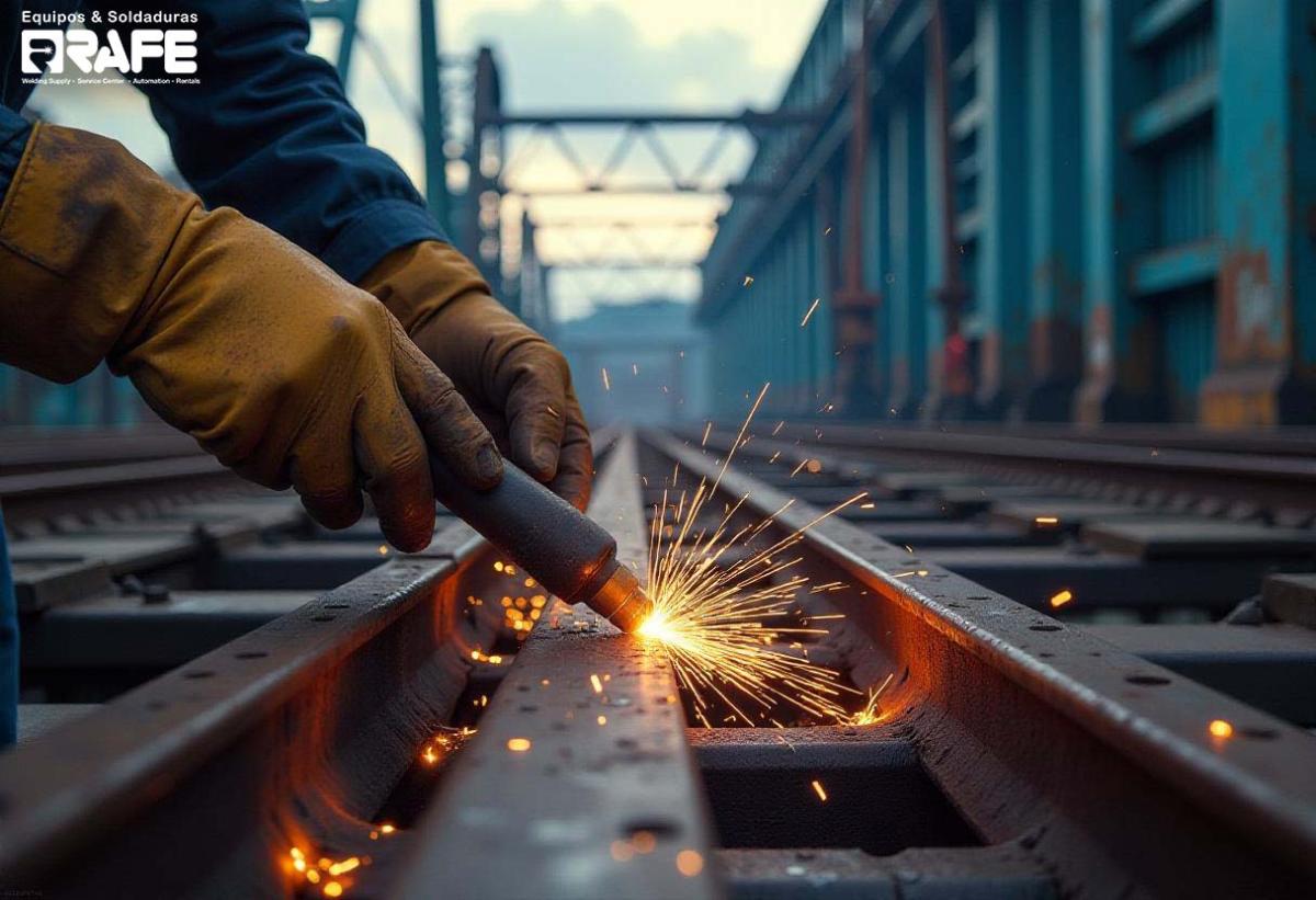 Soldador aplicando técnicas de protección contra la corrosión en una estructura metálica, utilizando equipos especializados para garantizar la durabilidad y resistencia del material frente a factores ambientales.